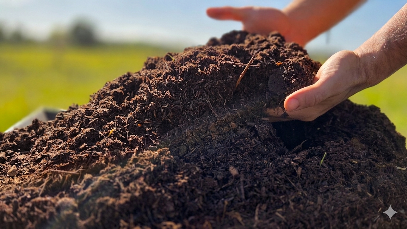 Manos sosteniendo sustrato Resuelo con textura viva sobre fondo de campo verde